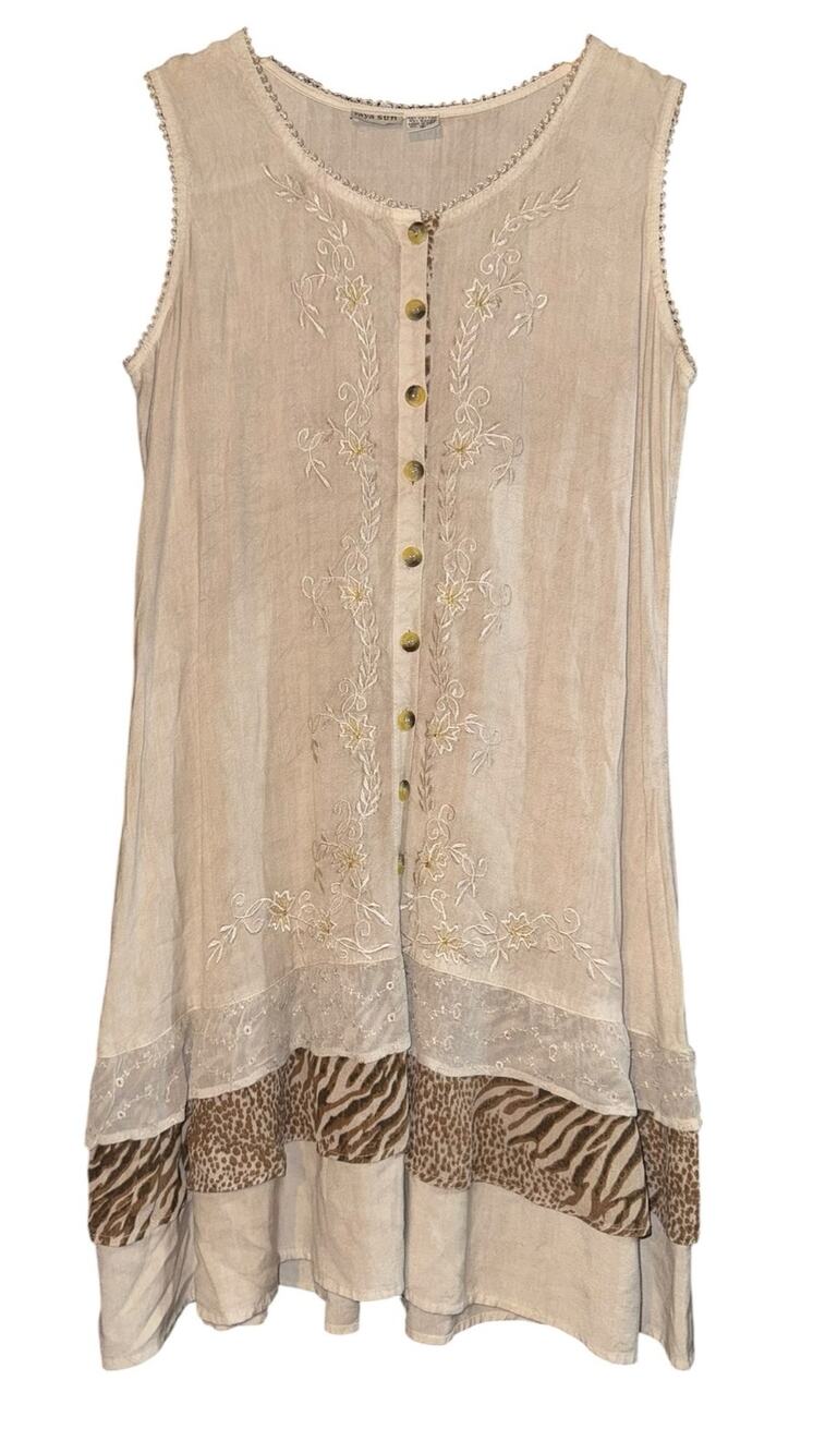 Raya Sun Embroidered Tiered Button Down Shift Dress Women's Small Fairy Whimsy